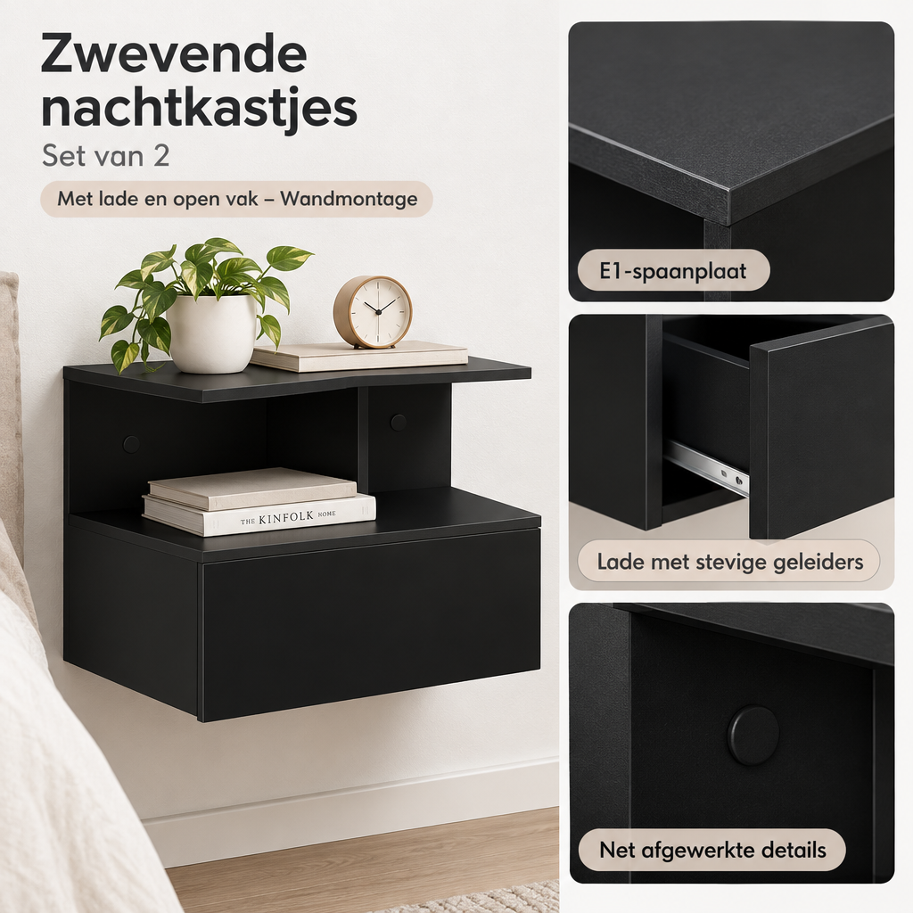 Detail van materiaal en afwerking van zwevende nachtkastjes set van 2