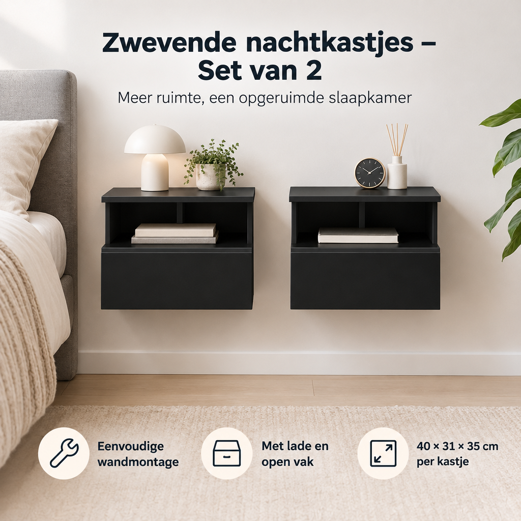 Praktische toepassing en keuzehulp voor zwevende nachtkastjes set van 2