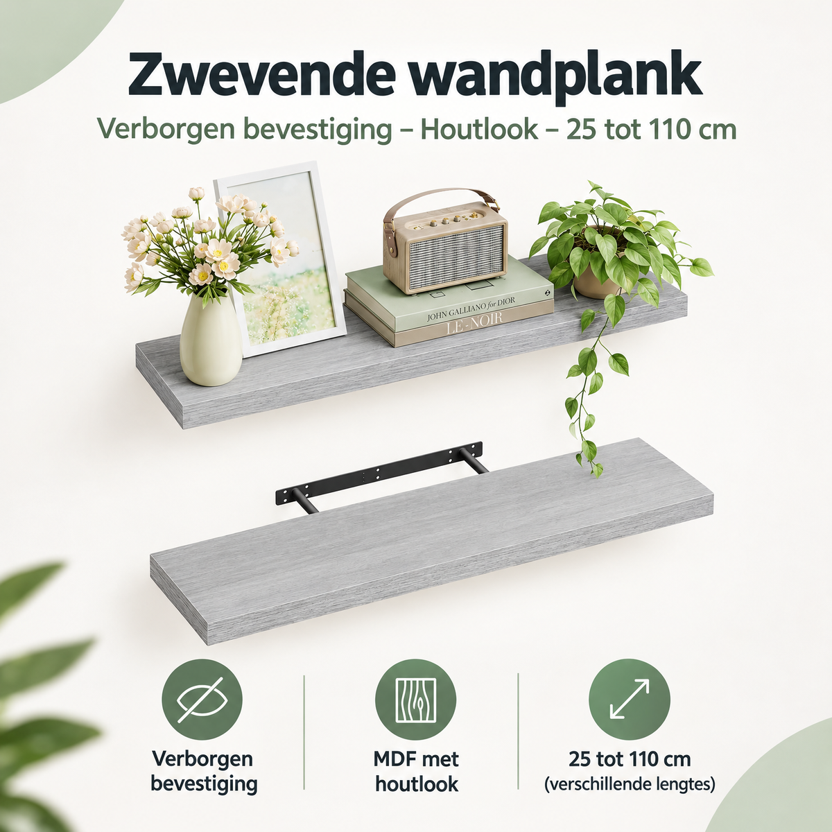 Overzicht van zwevende wandplank met de belangrijkste productvoordelen