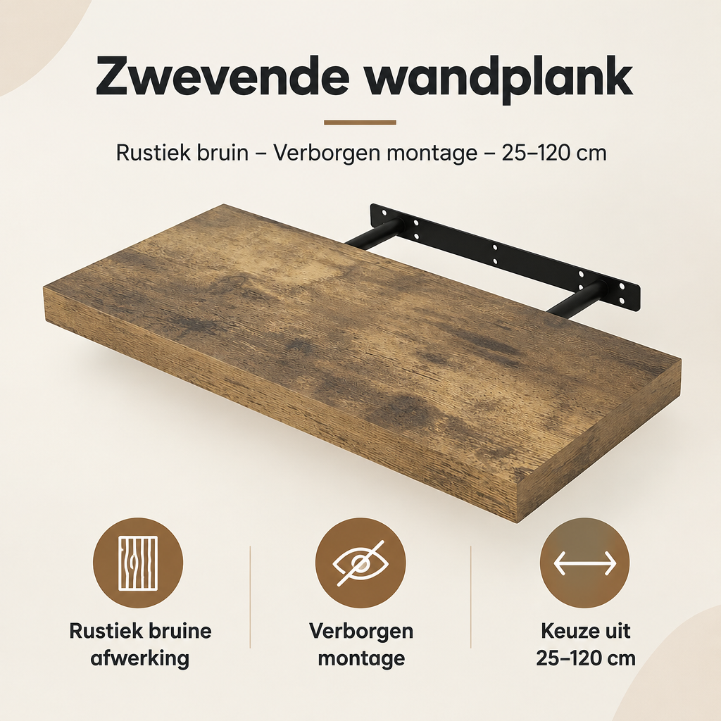 Overzicht van zwevende wandplank met de belangrijkste productvoordelen