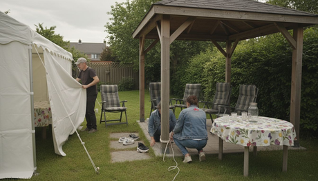 De partytent en het paviljoen opzetten voor het tuinfeest