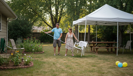 Een stelletje is samen in de achtertuin bezig om een partytent op te zetten.