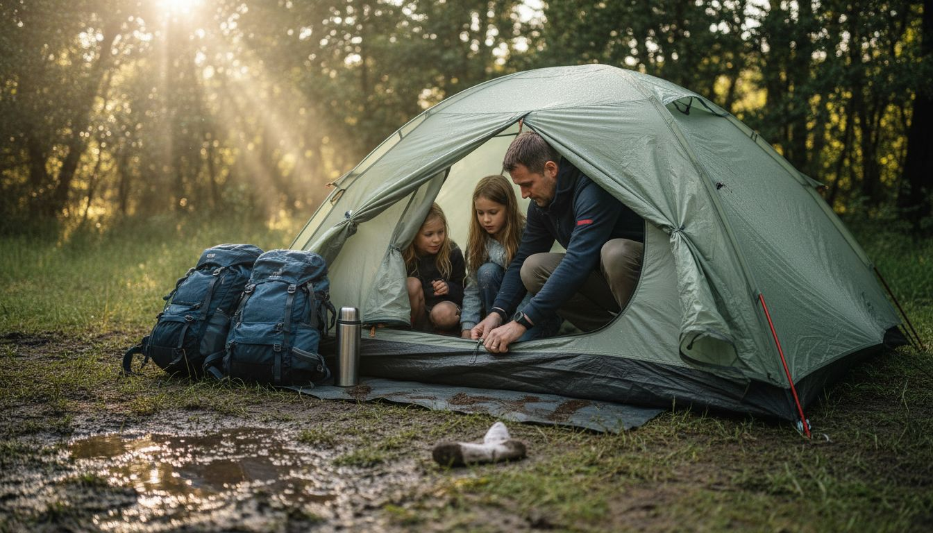 Een gezin zit gezellig samen in een tent die hen droog houdt terwijl het buiten flink regent.