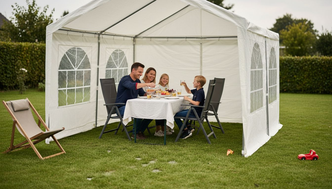 Gezellig tuinfeest onder een partytent met zijwanden terwijl het buiten regent
