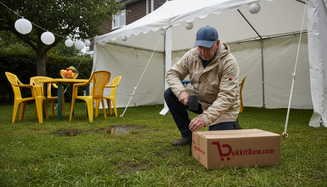 Man zet stevige, waterdichte partytent in de tuin voor feest