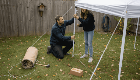 Samen bouwen vader en dochter een milieuvriendelijke partytent op