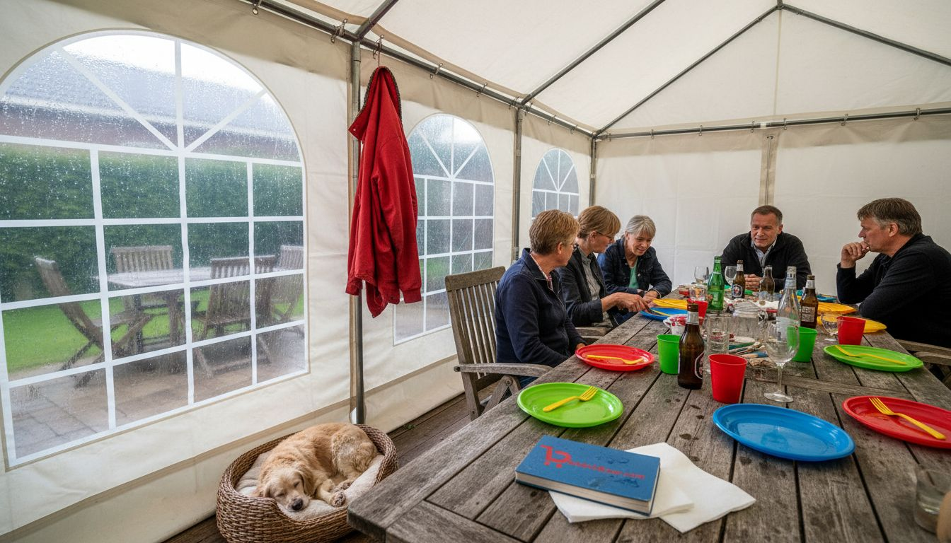 Een gezellige club mensen samen in een feesttent met dichtgemaakte zijkanten.