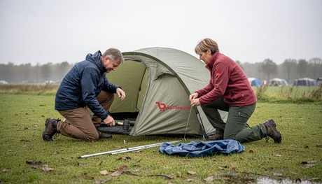 Een stel zet samen een stevige tent op van robuust materiaal.