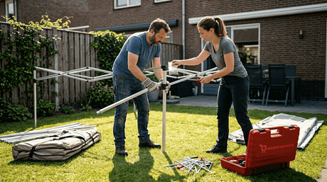 Met z’n allen zetten mensen een feesttent in elkaar die uit verschillende onderdelen bestaat.
