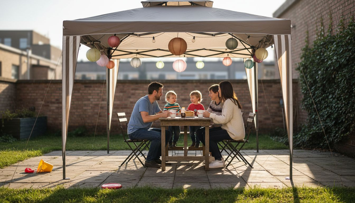 Een gezin geniet samen buiten onder een praktische partytent.