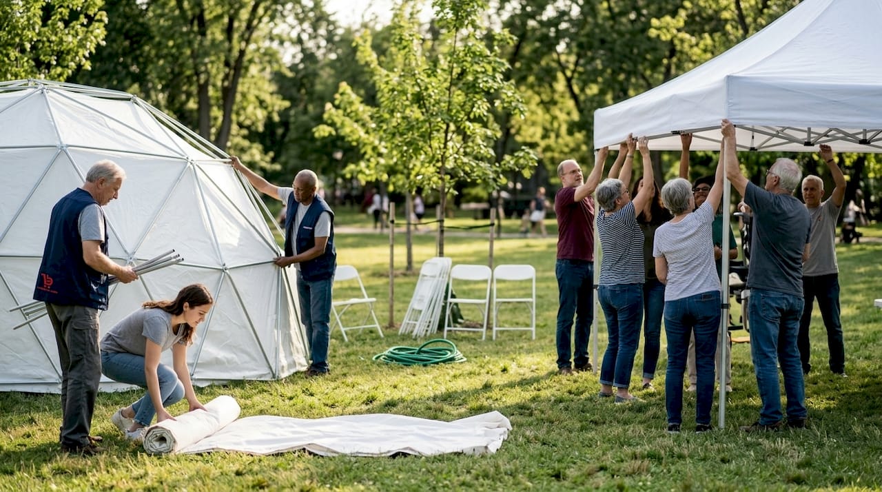 In het park worden allerlei soorten tenten opgezet, zowel ronde als rechthoekige.