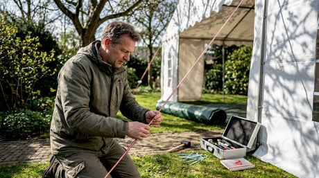 Man zet scheerlijnen van partytent strak in de zonovergoten tuin