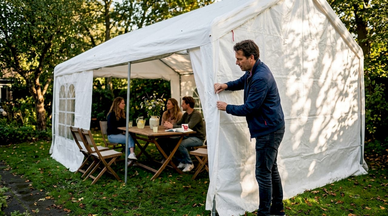 Iemand maakt de zijwand van de partytent in de tuin dicht.