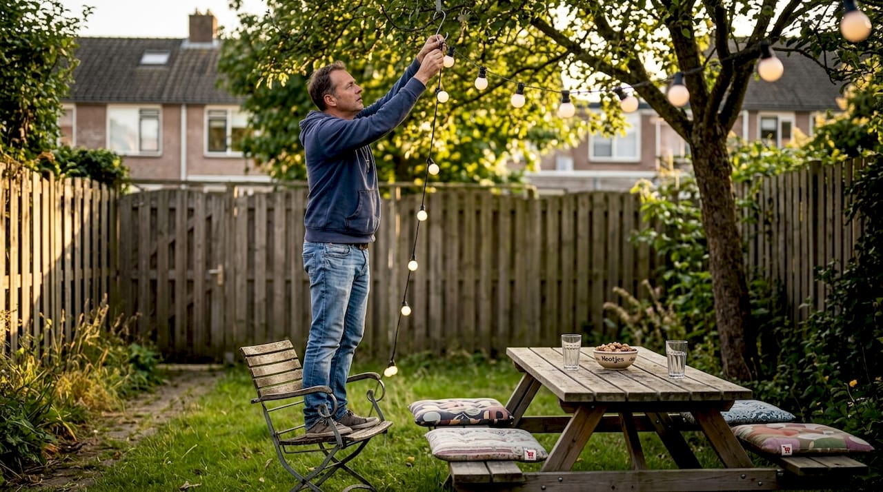 Een man hangt sfeerverlichting op in zijn tuin.