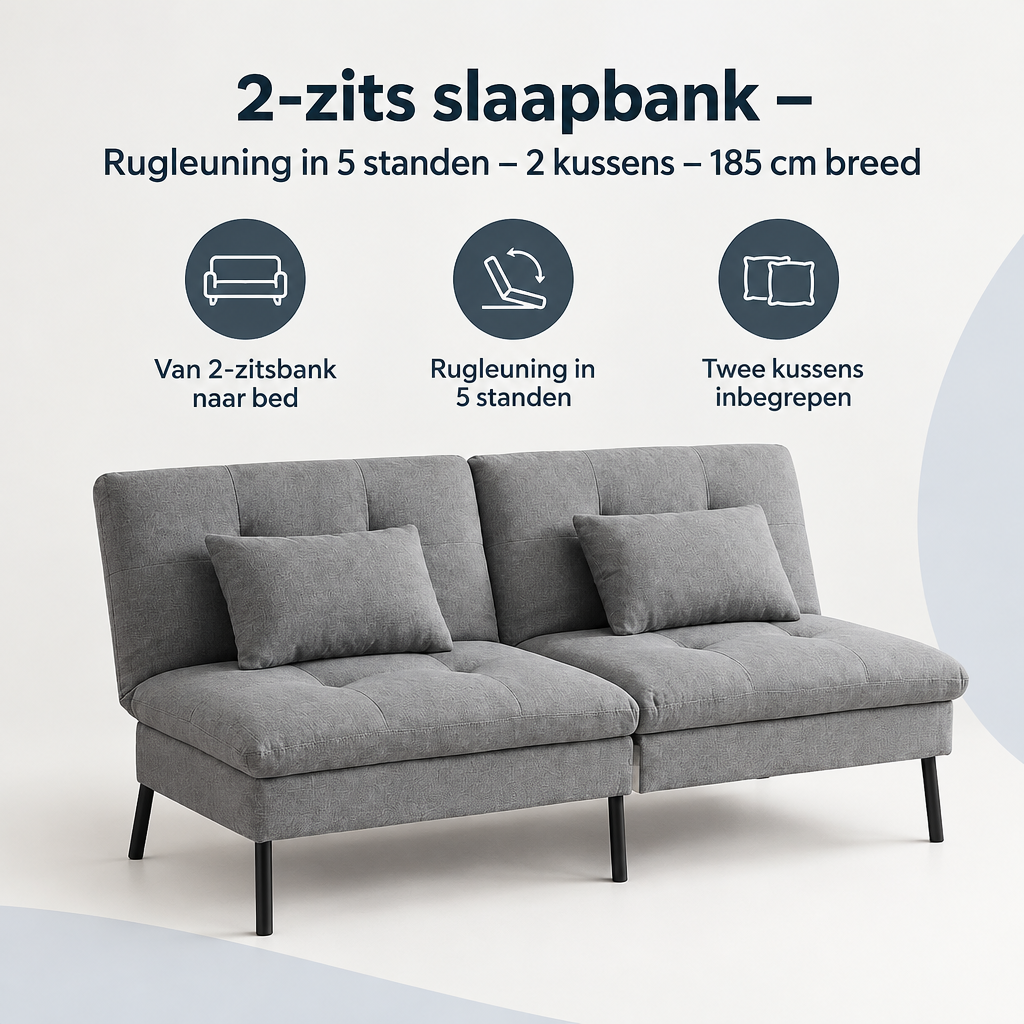Overzicht van 2-zits slaapbank met de belangrijkste productvoordelen