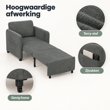 Grijze 3-in-1 slaapstoel van BukkitBow met 5 rugstanden, volledig uitgeschoven tot 235 cm, detail van het materiaal.