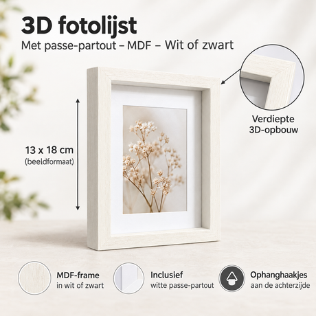 Witte of zwarte 3D fotolijst van MDF met passe-partout, geschikt voor het inlijsten van foto's en kunstwerken.