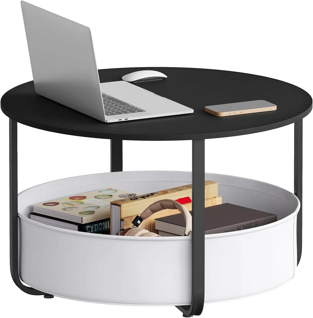 WOLTU Round Side Table Coffee Table with Storage Basket Small Side Table Metal Frame 80cm Diameter Suitable for Living Rooms Sofas Modern Style