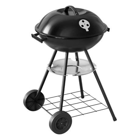 Zwarte Kogelbarbecue van BukkitBow met deksel, wielen en grillrooster van ca. 41,5 cm, geschikt voor buiten barbecueën.