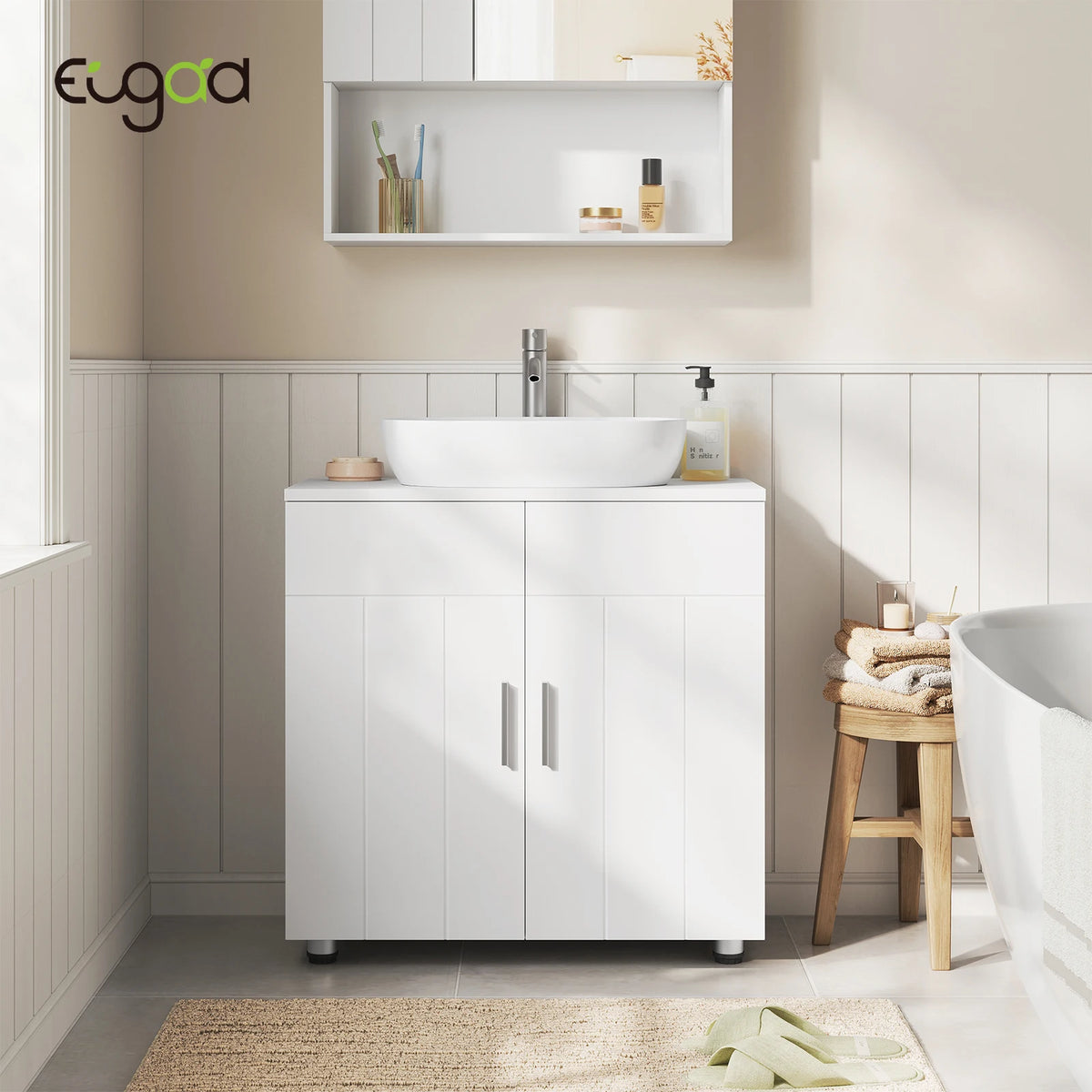EUGAD White Bathroom Cabinet Under Sink 60x60x30cm Storage Cupboard with 2 Doors Shelves Vanity Unit with Adjustable Divider