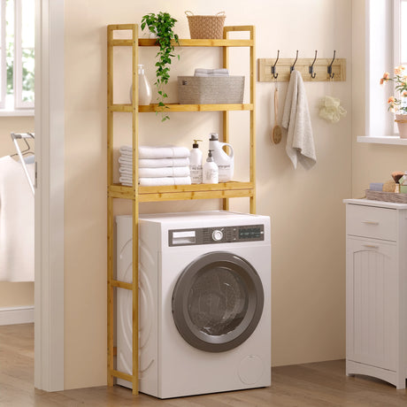 Bamboe opbergrek boven wasmachine en toilet met 3 planken, afmetingen 63,5×163×26 cm, door BukkitBow