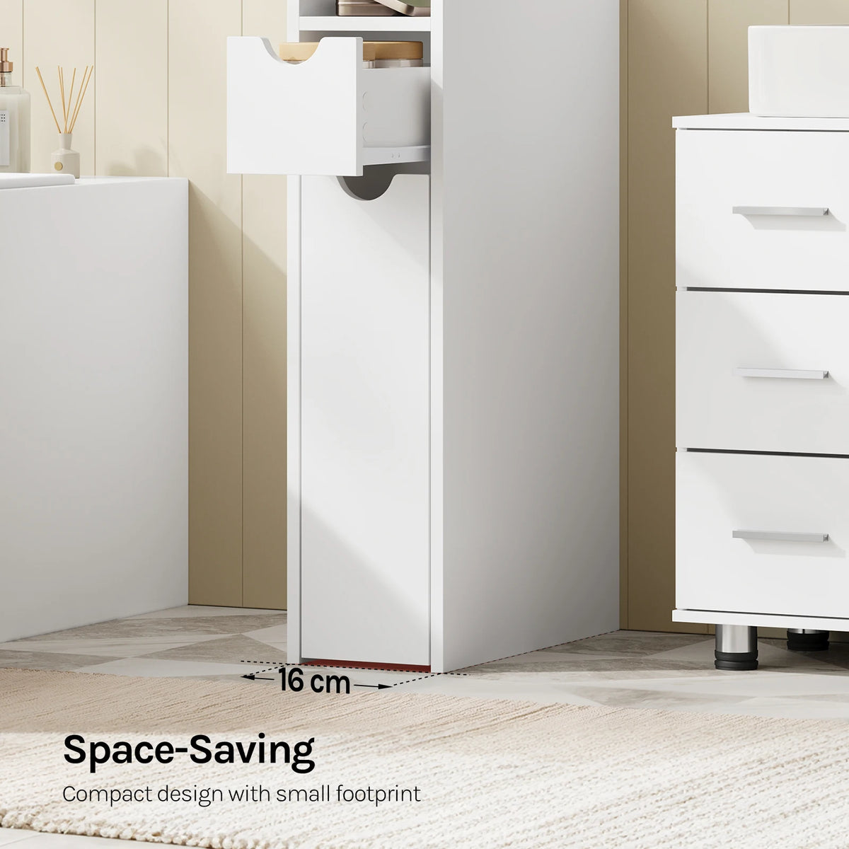 EUGAD White Narrow Bathroom Cabinet with Wheels Space-Saving Storage for Small Spaces 2 Roll-Out Drawers & Anti-Tip Design