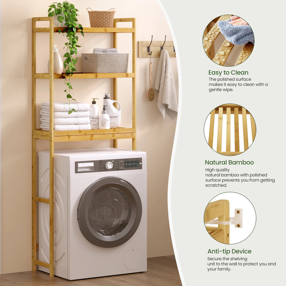EUGAD Bamboo Bathroom Shelf Washing Machine Unit Over Toilet Shelf with 3 Adjustable Shelves Narrow Bathroom Cabinet for Bathroom Laundry Room