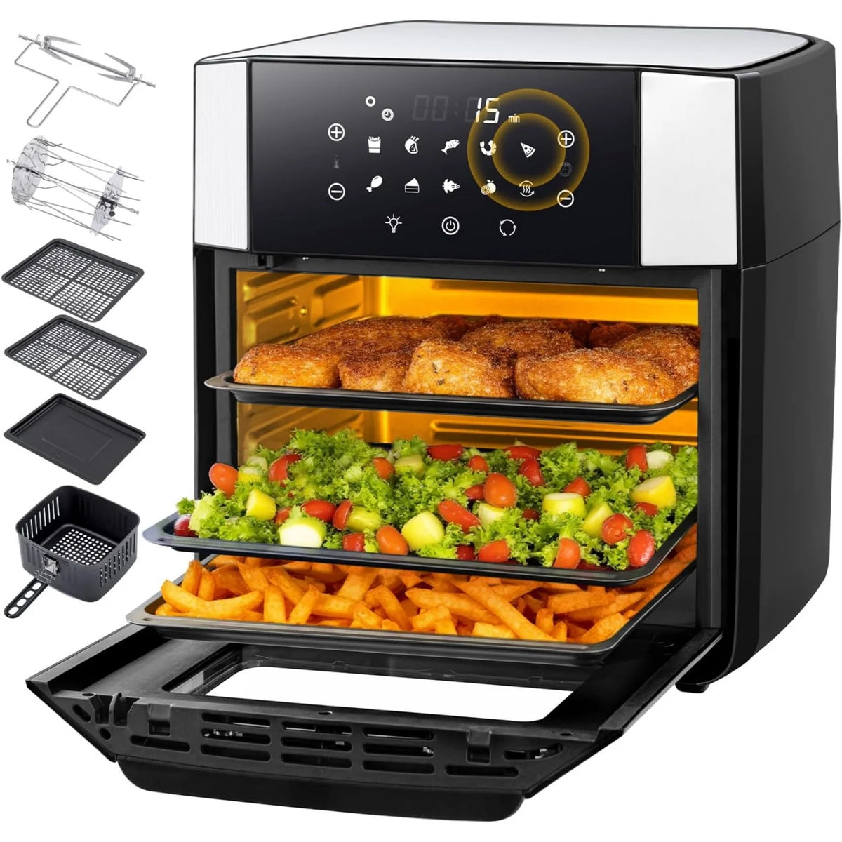 Airfryer oven met geopende deur, drie gevulde niveaus en links afgebeelde accessoires