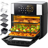 Airfryer oven met geopende deur, drie gevulde niveaus en links afgebeelde accessoires