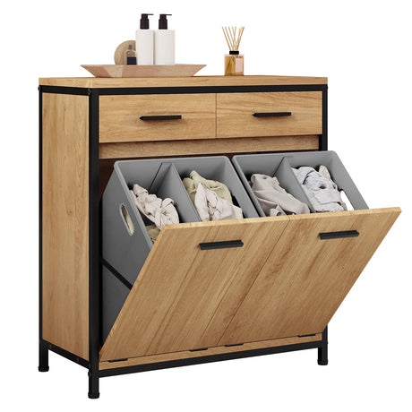Wasmandkast van BukkitBow met licht eiken afwerking, twee uitneembare waszakken en twee lades, zwart en licht eiken design.