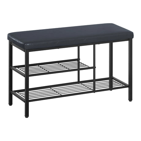 BukkitBow schoenenrek met industrieel design, kussen en open opbergvakken voor schoenen en accessoires.