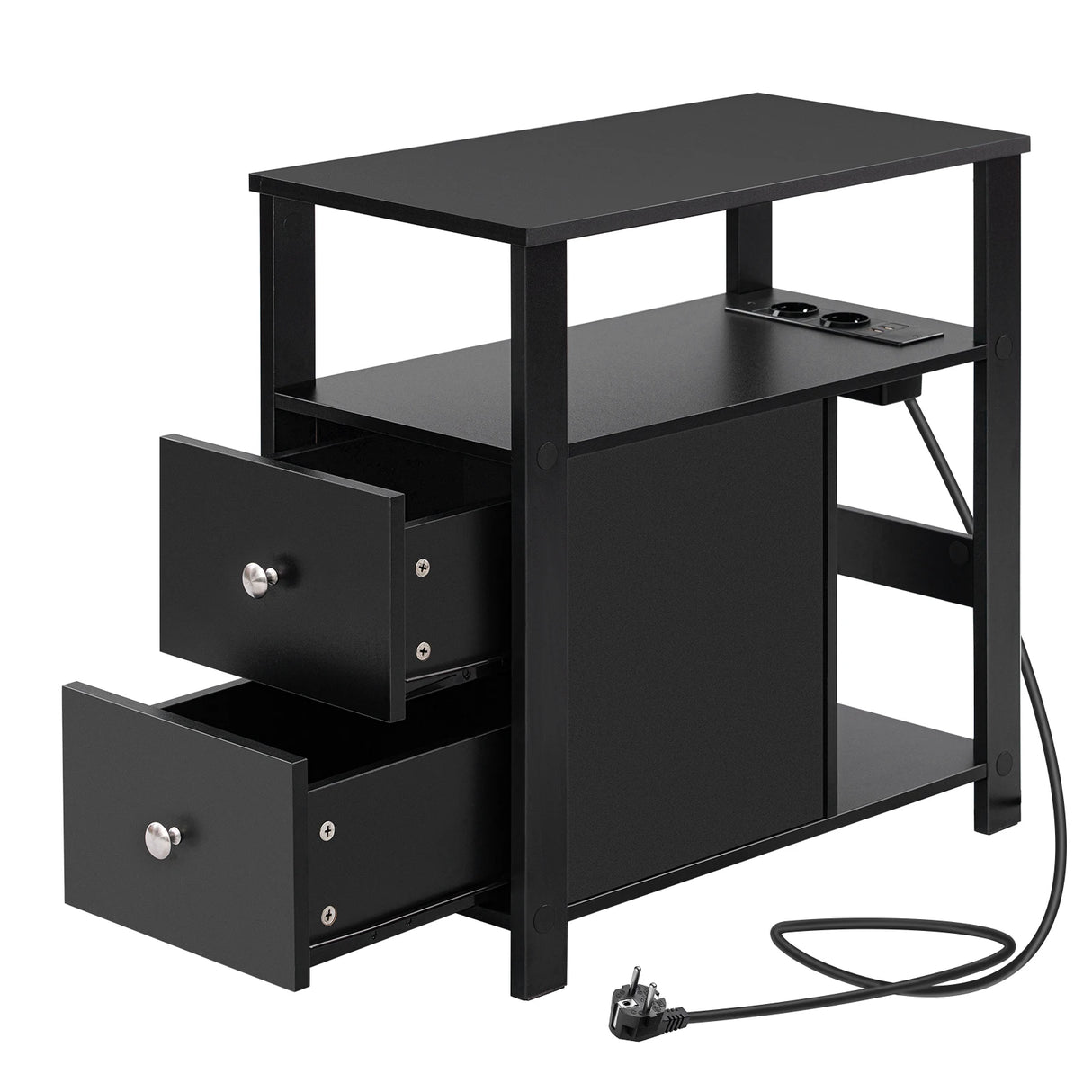 BukkitBow - Smalle Bijzettafel - Met 2Stopcontacten & 2 USB - Laden & Opbergruimte - Nachtkastje voor Woonkamer & Slaapkamer