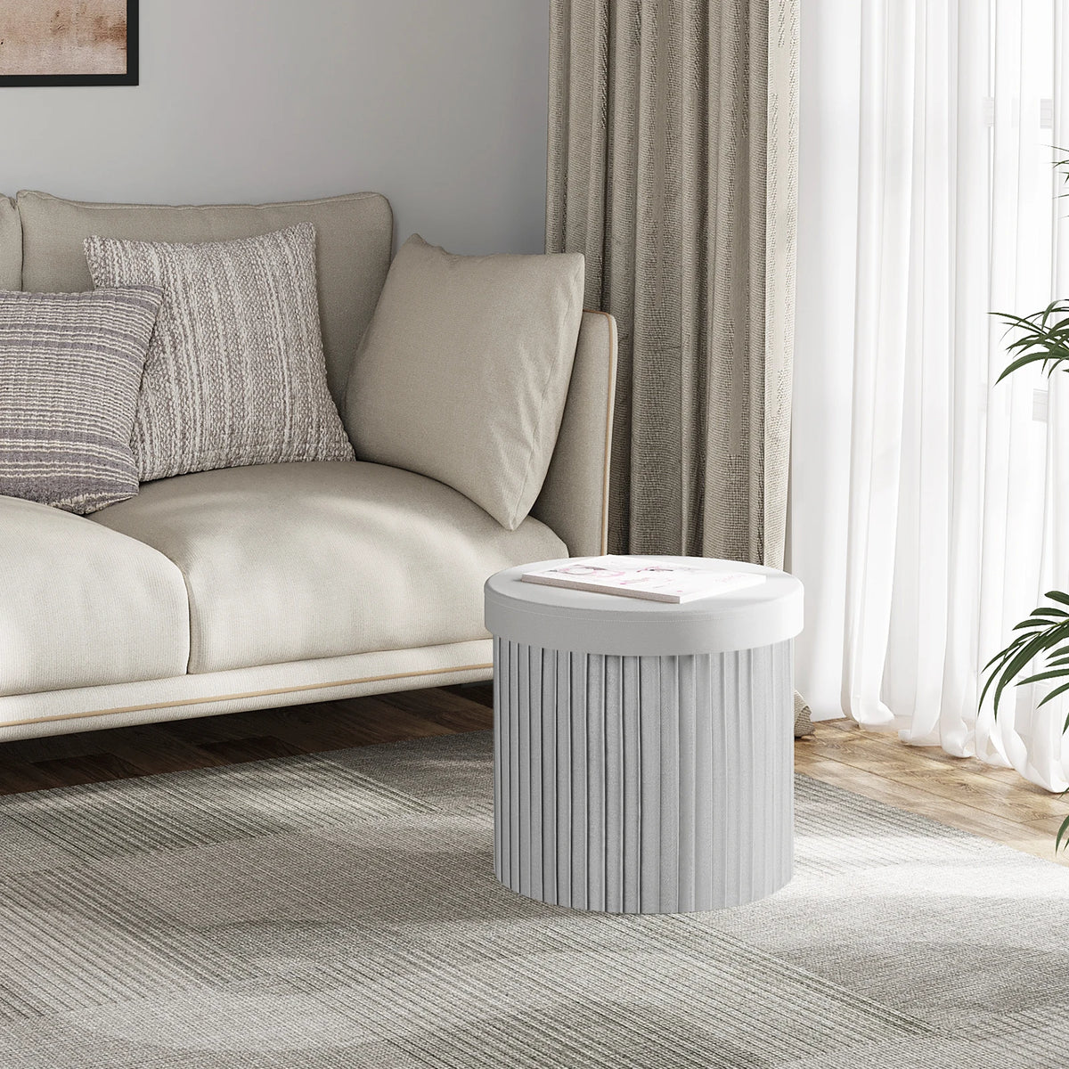 WOLTU Velvet Footstool Round Ottoman MDF Foldable Storage Stool with Creative Storage Box Removable Padded Lid for Living Room