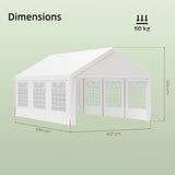 Maattekening van de witte partytent van 4 x 6 m: 407 cm breed, 597 cm lang en 304 cm hoog