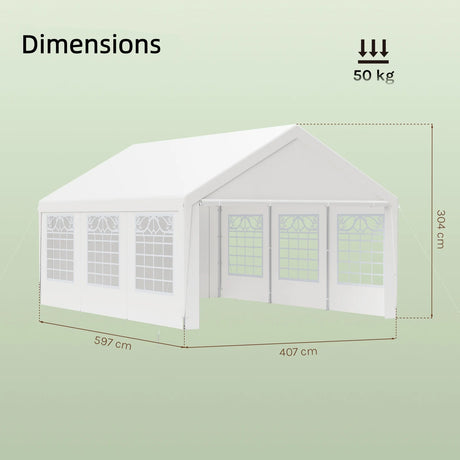Maattekening van de witte partytent van 4 x 6 m: 407 cm breed, 597 cm lang en 304 cm hoog