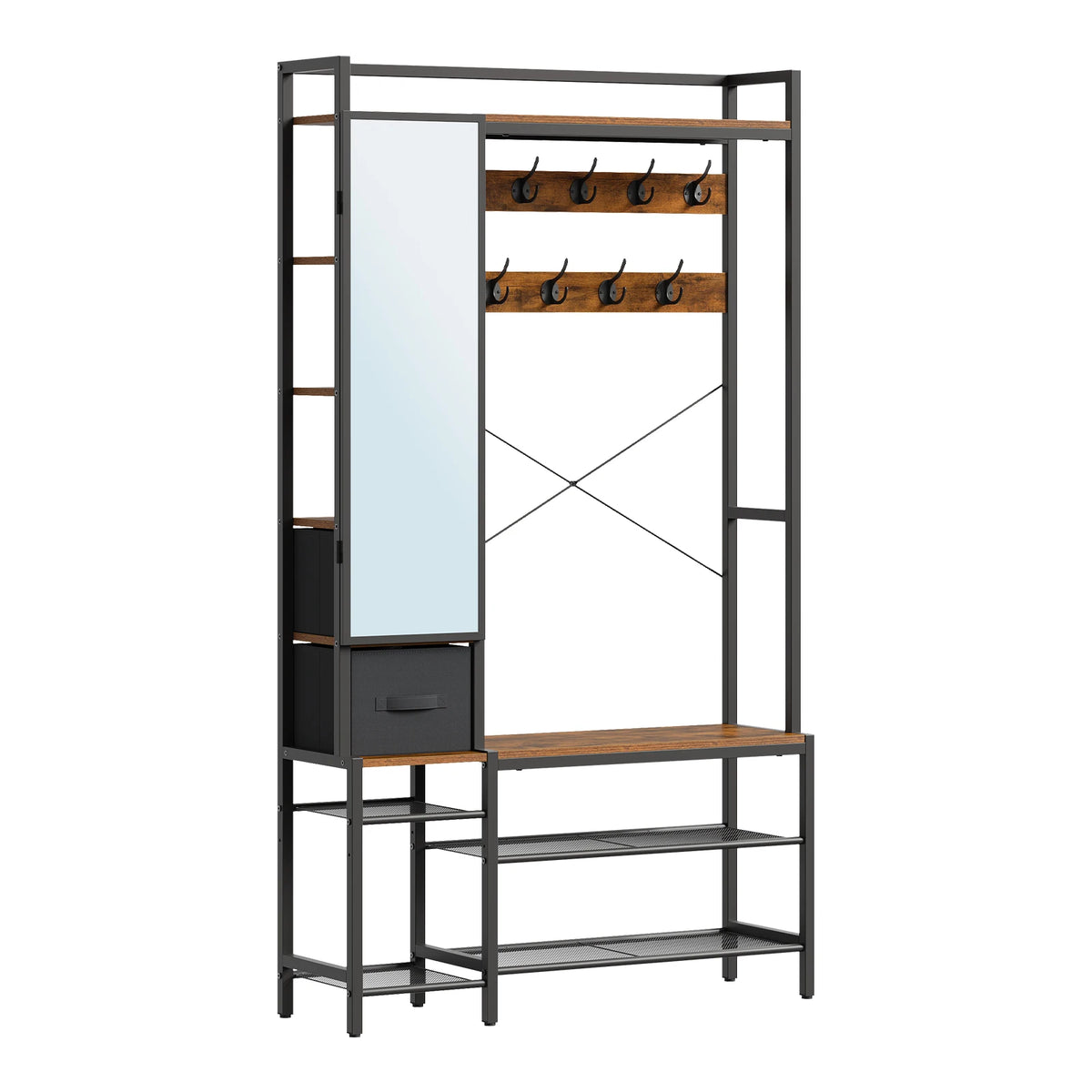 WOLTU Open Wardrobe with Shoe Rack and 2 Drawers Metal Frame Freestanding Coat Rack with Mirror 9 Hooks for Bedroom Hallway 100×30×180cm