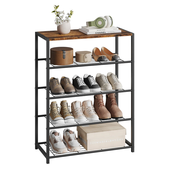 Schoenenrek met zitbank, zwart frame en bruin bovenblad, gevuld met schoenen en een schoenendoos