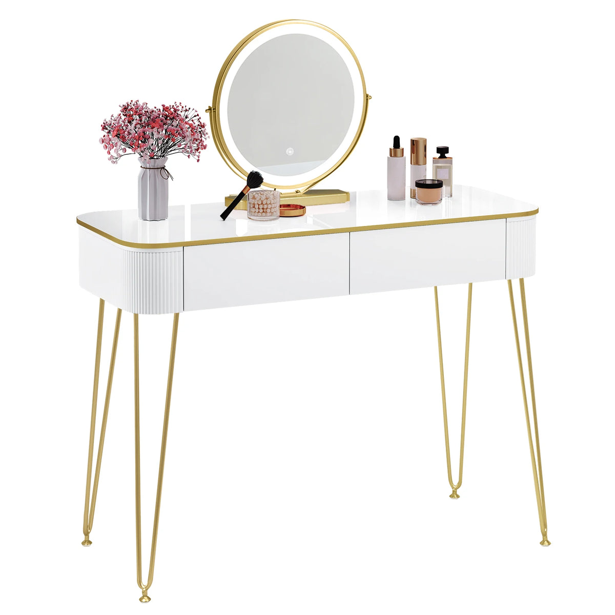 Witte kaptafel met ronde spiegel, twee lades en slanke gouden poten op een lichte achtergrond