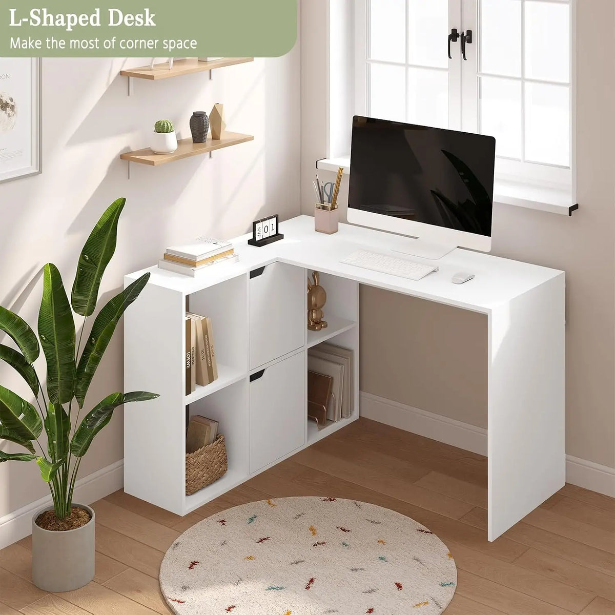 EUGAD L-Shape Computer Office Desk with Shelves Bookcase 118x100x75cm Corner Work Study Writing Table