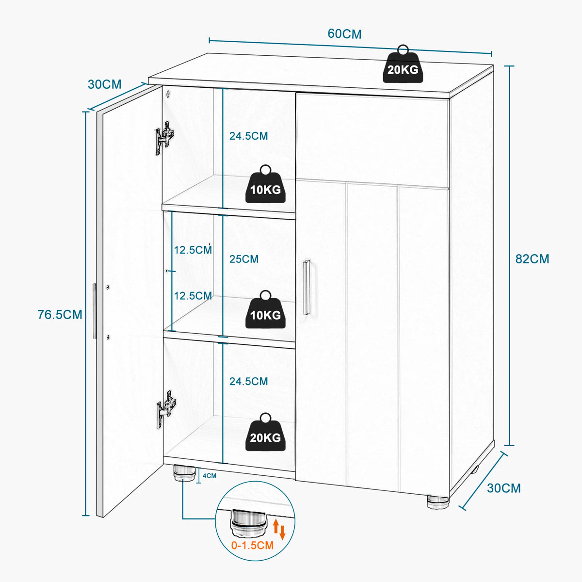 EUGAD White Bathroom Cabinet with Adjustable Shelves 2 Doors 3 Compartments Storage Cupboard Free Standing Entryway Cabinet