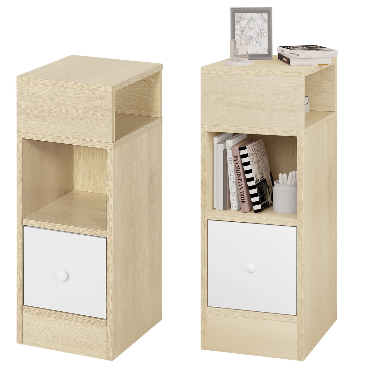 EUGAD 2PCs Bedroom Bedside Table with 2Open Shelves 1Drawer 25x66x30cm Slim Small Storage Cabinet Nightstand Space-Saving Home Decor