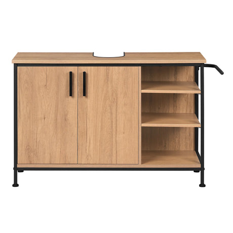 Kast onder wastafel van BukkitBow, 90 cm met 2 deuren, 3 open vakken, licht eiken en zwart, met handdoekhouder.