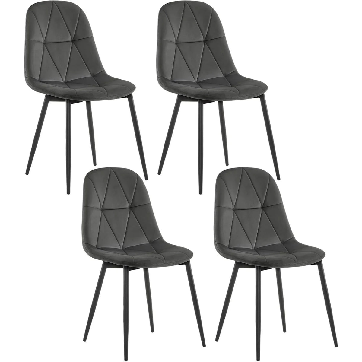Set van 4 fluwelen eetkamerstoelen met metalen poten in donkergroen of donkergrijs, stijlvolle en comfortabele meubels.