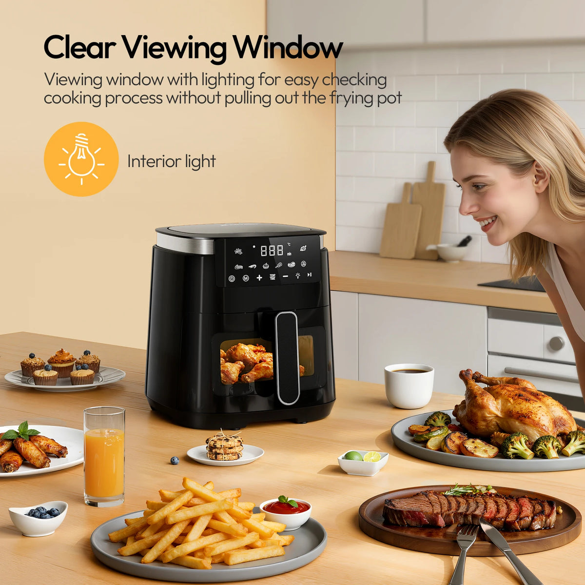 LLIVEKIT 5.5 L Air Fryer with Keep Warm Function 7 Cooking Programmes Viewing Window Interior Light Energy Efficient Oil Free for Kitchen