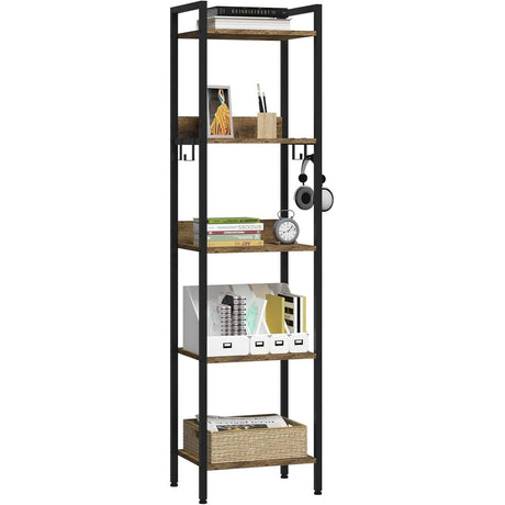 Industriële ladderkast van BukkitBow met 5 of 6 planken en 4 haken, zwart metalen frame en houten planken voor opslag.