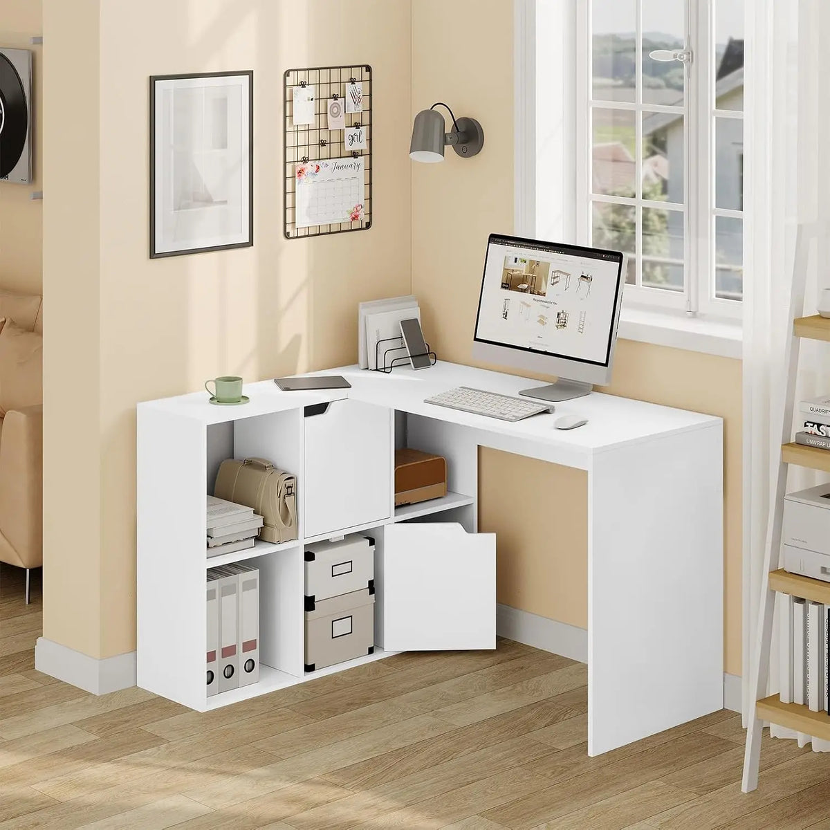 EUGAD L-Shape Computer Office Desk with Shelves Bookcase 118x100x75cm Corner Work Study Writing Table