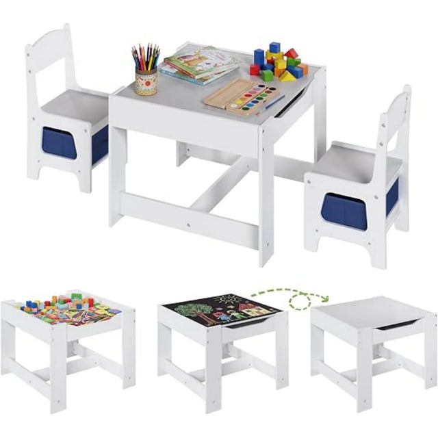 Witte kindertafel met twee stoelen en blauwe opbergvakken, met verschillende standen van het tafelblad