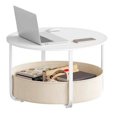 Ronde salontafel met opbergmand van metaal en afneembare canvas mand, diameter 80 cm, modern design.