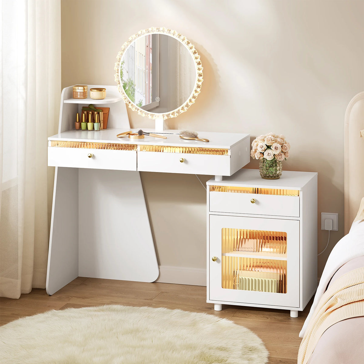 WOLTU Makeup Vanity Table with Round Mirror and LED Light Dressing Table with 3 Drawers 1 Cabinet Mountable on Left or Right for Bedroom