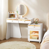 WOLTU Makeup Vanity Table with Round Mirror and LED Light Dressing Table with 3 Drawers 1 Cabinet Mountable on Left or Right for Bedroom